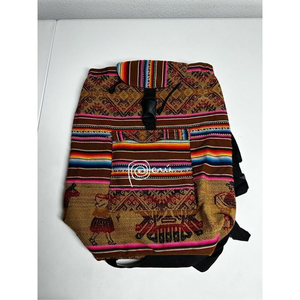 Peruvian Andean Fabric Backpack Multicolored - Native Woman Design Front Pocket
